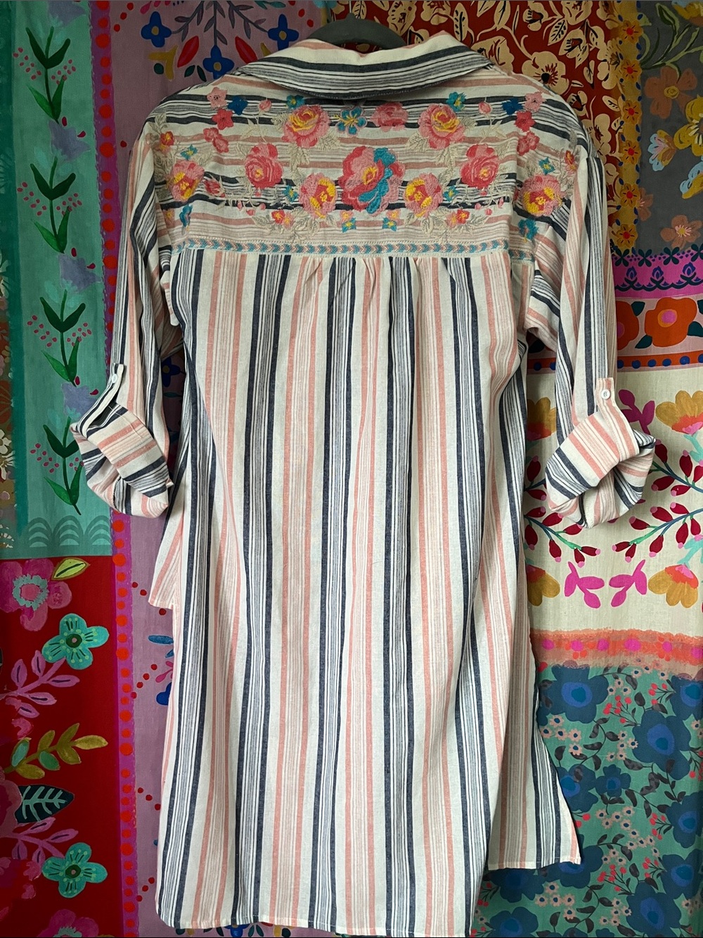 ANDREE BY UNIT Boho Pink/Navy Striped Embroidered Cotton Tie FrontTunic Size S - Picture 9 of 13